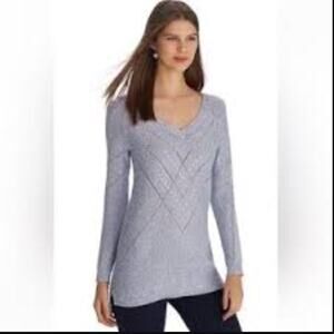 WHBM Silver Blue Metallic V-neck knit lightweight studded sweater Small
